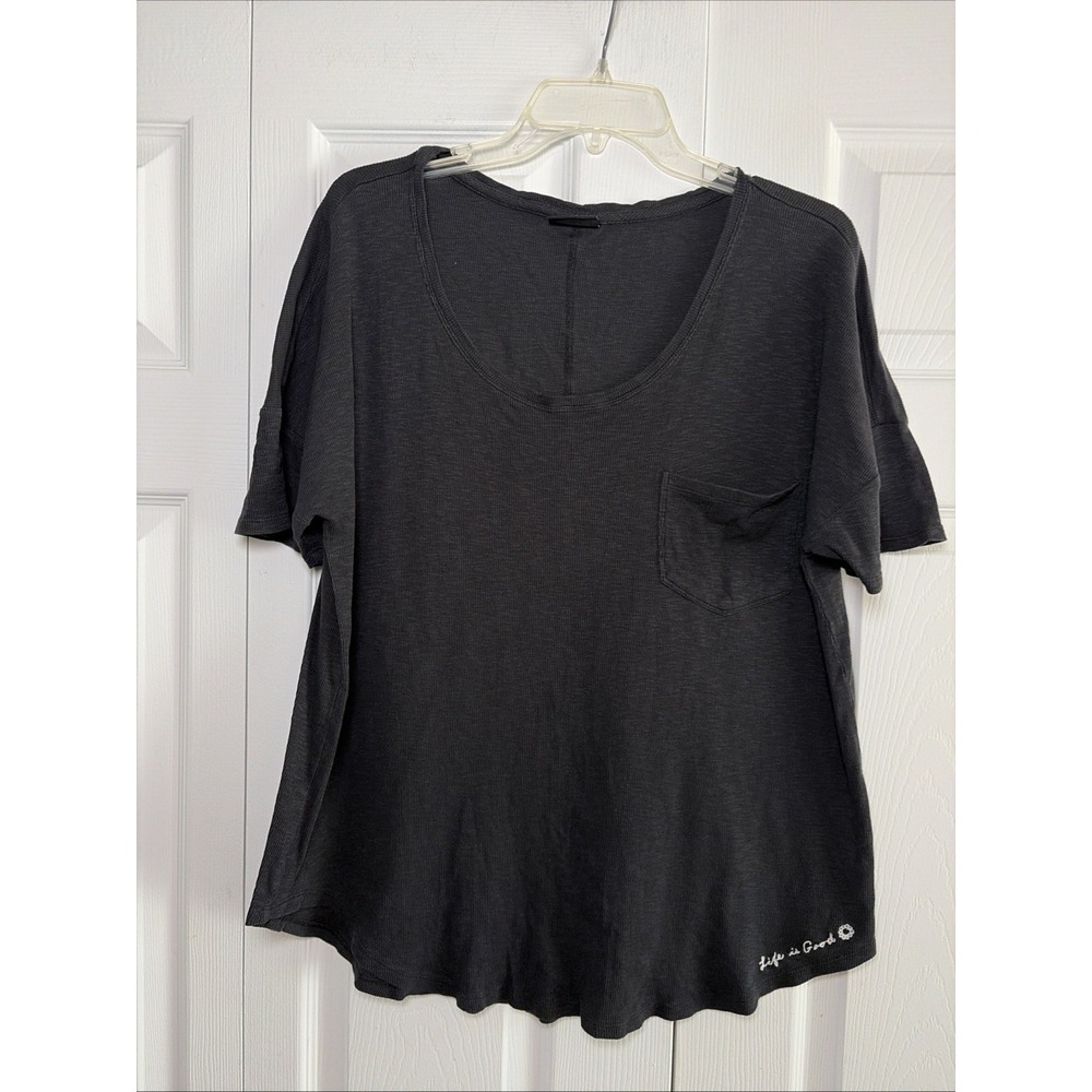 Life is Good Relaxed Fit Pocket Tee Womens Size L Charcoal Grey Ribbed Cotton L